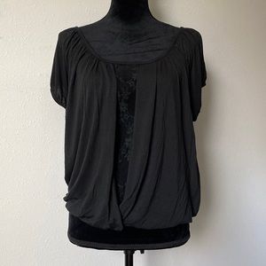 Black 2-Layer Blouse w/ Sheer Lace + Cross Tie - BONGO